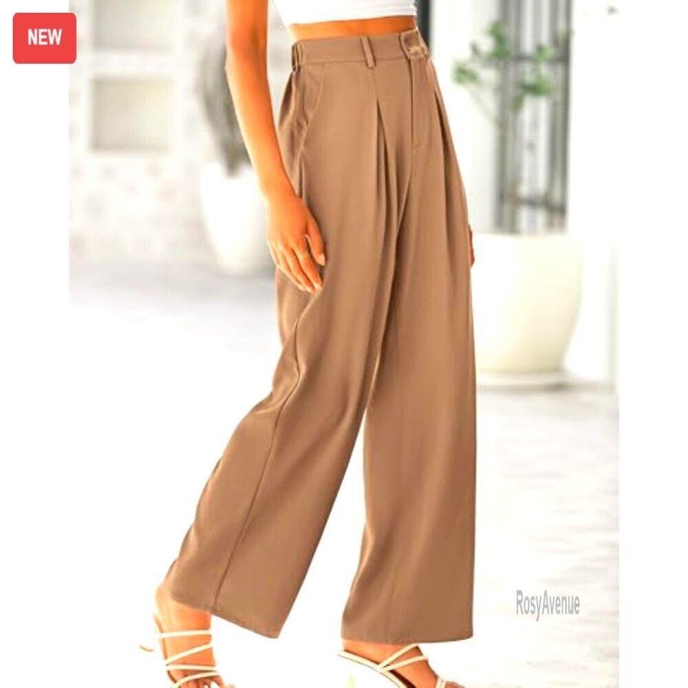 High Waist Wide Leg Palazzo Pants Casual Office Trousers with Pockets - Picture 3 of 7